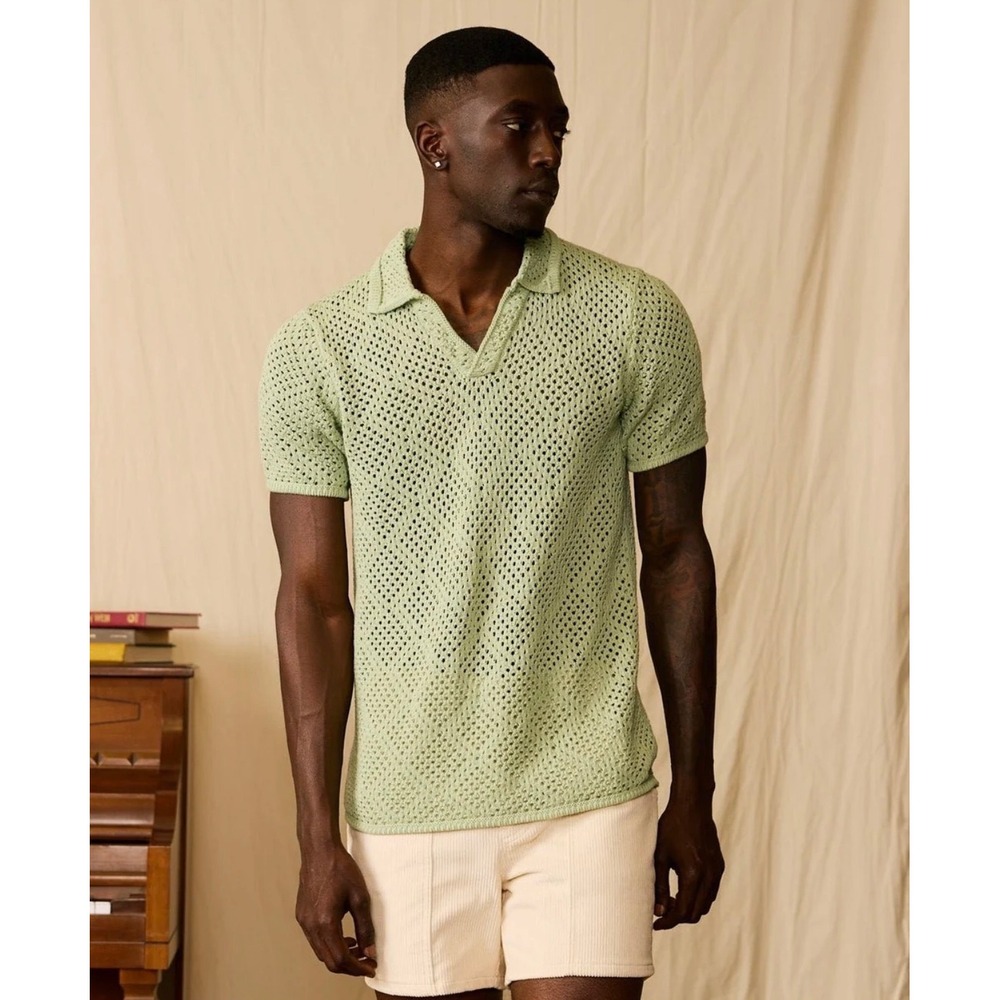 Dandy Del Mar Gaucho Knit Polo Shirt Crochet Short Sleeve Green Large